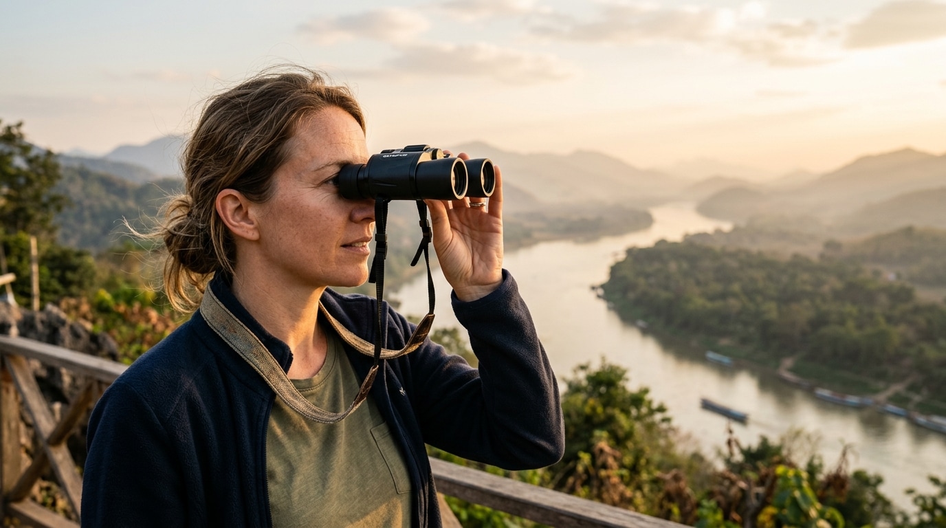Touriste observant aux jumelles un paysage lointain