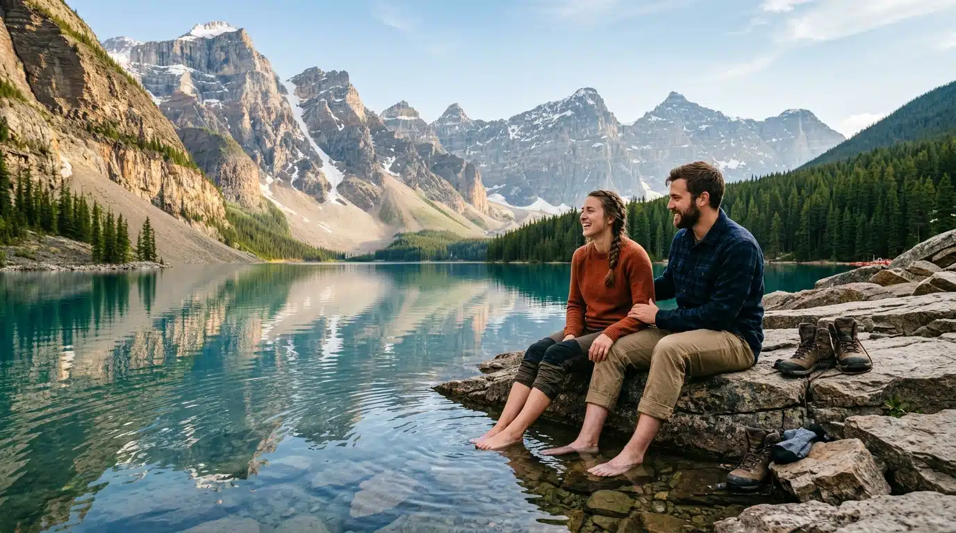 Couple les pieds dans l'eau d'un lac de montagne préservé