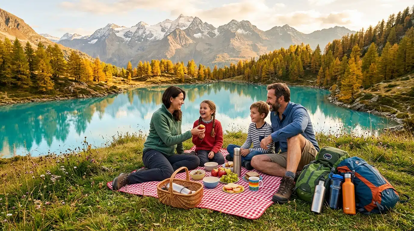 Famille en pique-nique près d'un lac de montagne