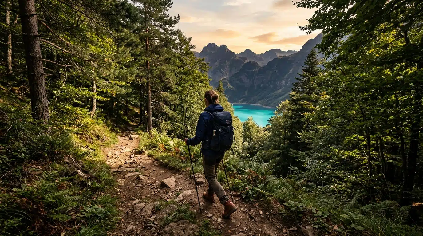 Randonneur sur un sentier ombragé vers le lac