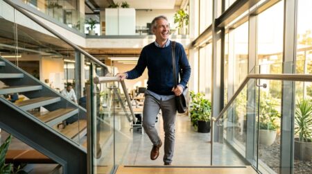 Homme souriant montant un escalier lumineux au bureau
