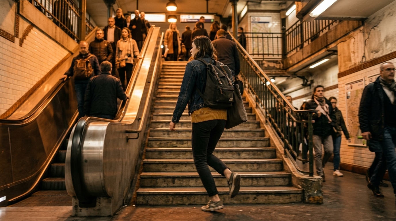 Femme empruntant les escaliers du métro plutôt que l'escalator