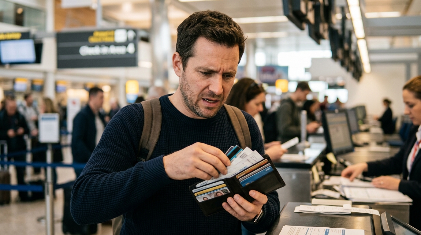 Voyageur cherchant ses papiers d'identité dans son portefeuille