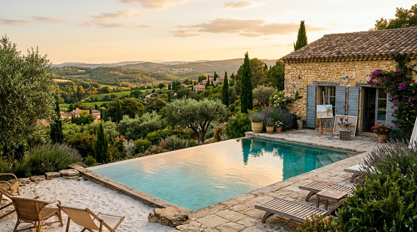 Piscine bordée de sable blanc près d'un atelier d'artiste provençal