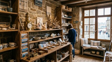 Étagères en bois avec objets de décoration marine artisanale