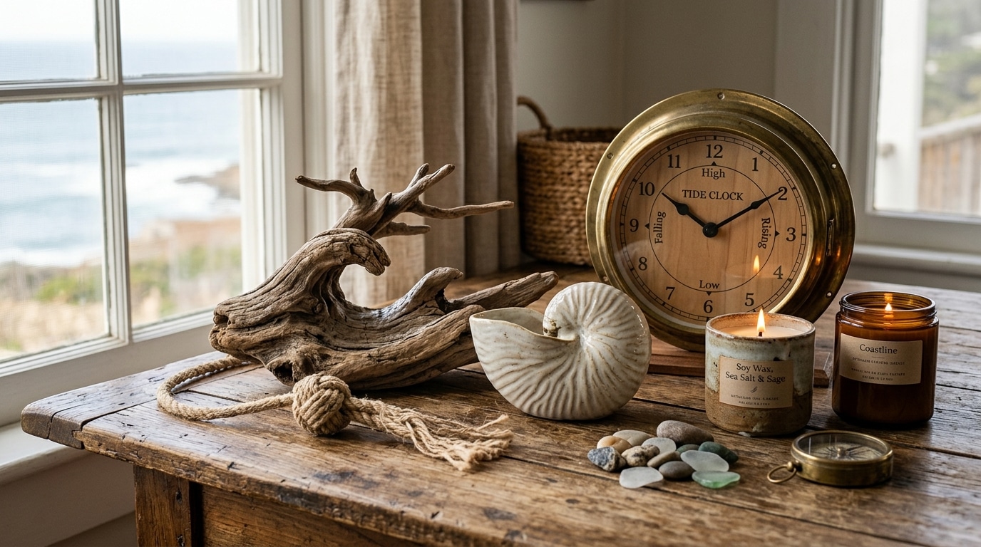 Objets artisanaux marins posés sur table en bois