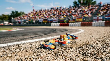Voiture de course miniature en briques colorées ensablée