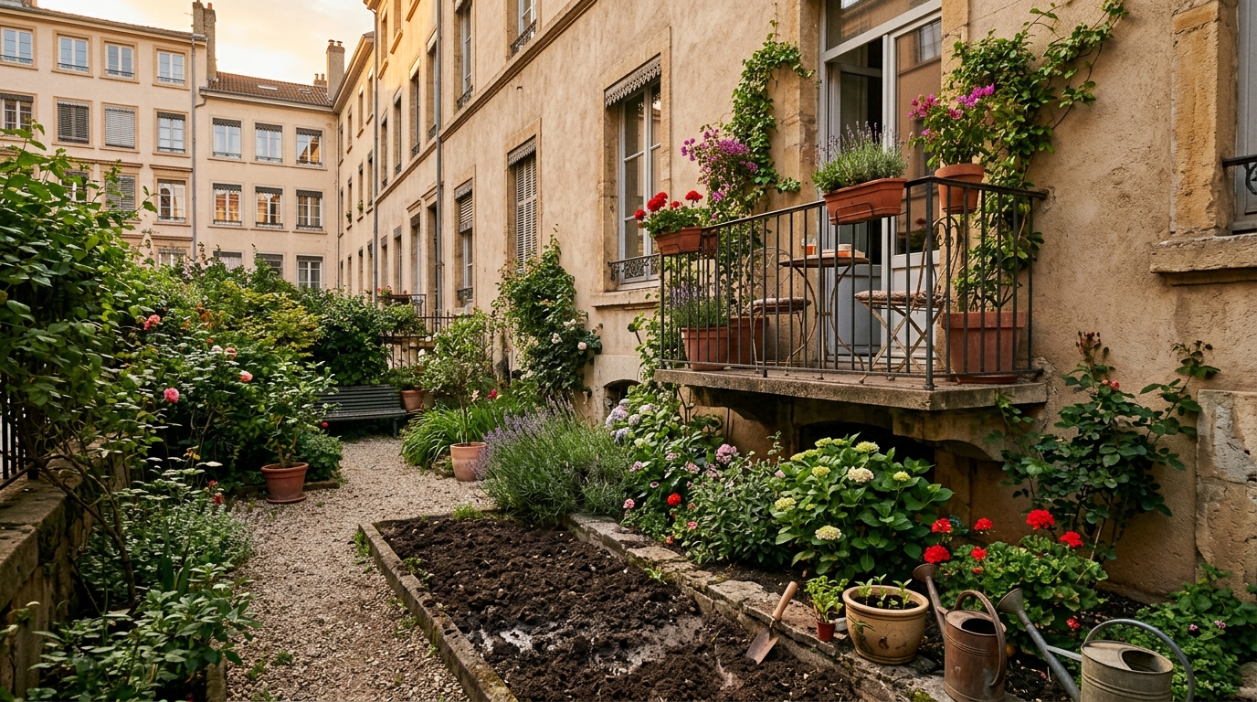 Jardinet avec terre retournée près d'un balcon