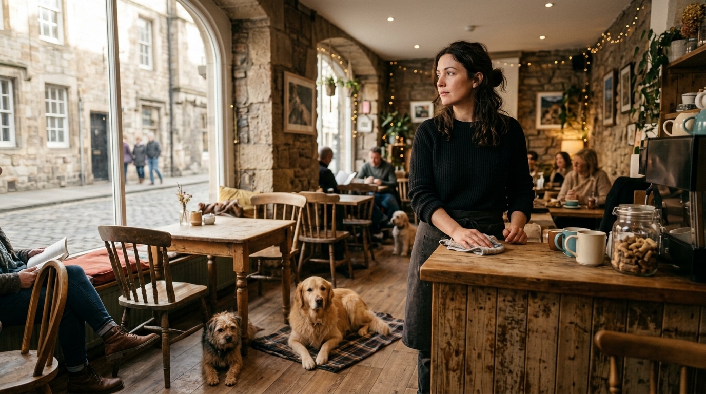Intérieur chaleureux d'un café avec plusieurs chiens