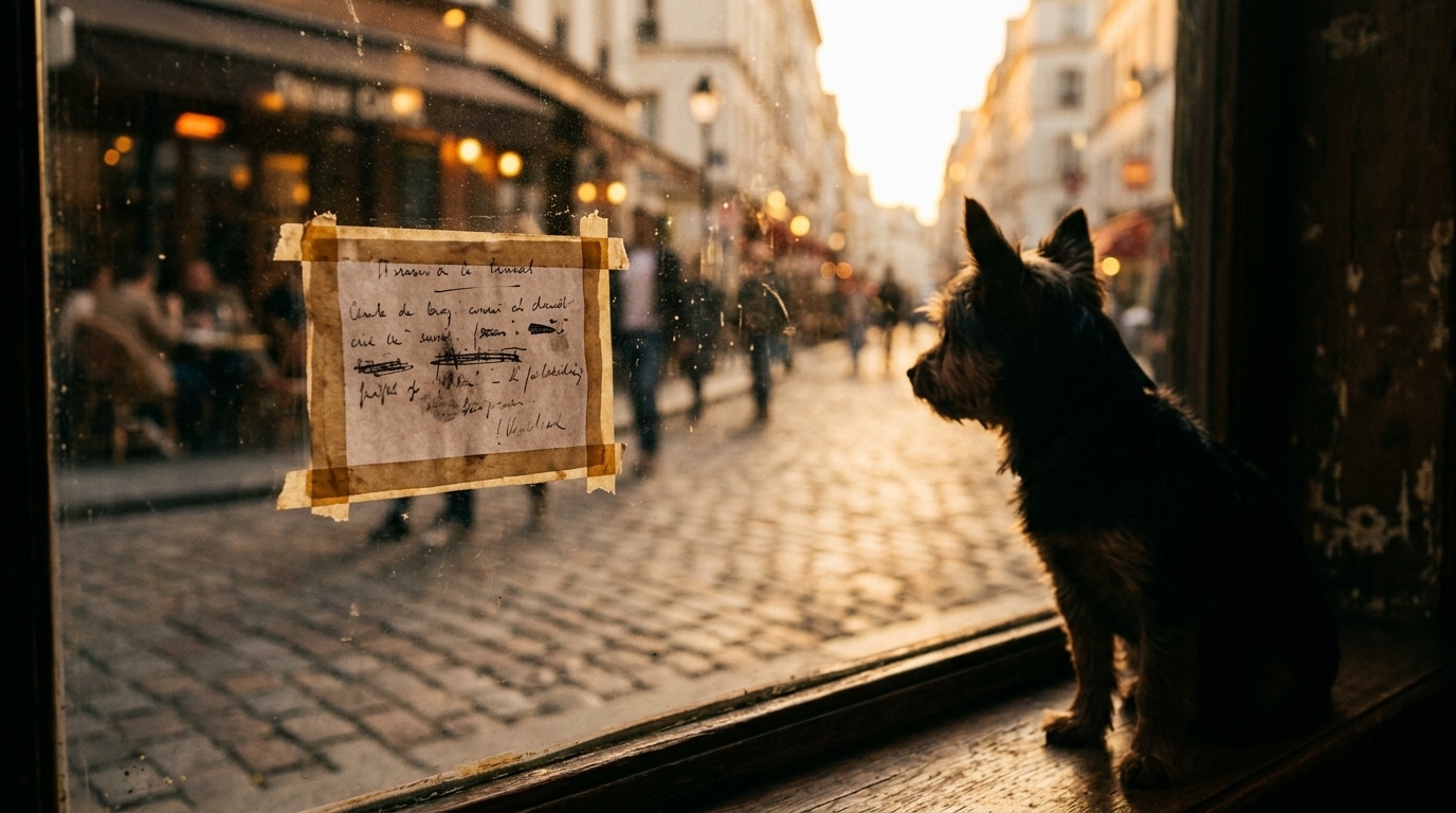 Vitrine d'un café avec silhouette de chien