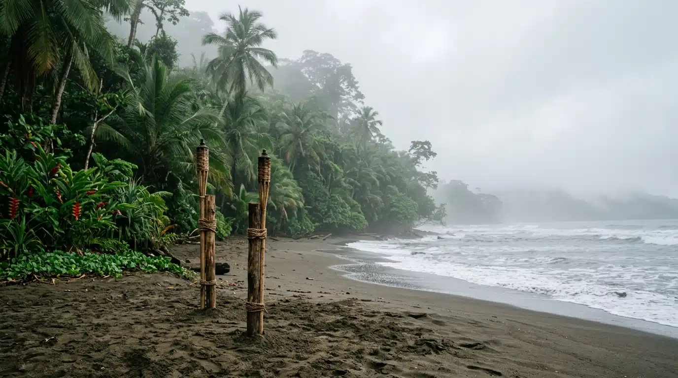 Plage de jungle tropicale au Panama avec torches, ambiance Koh-Lanta All Stars