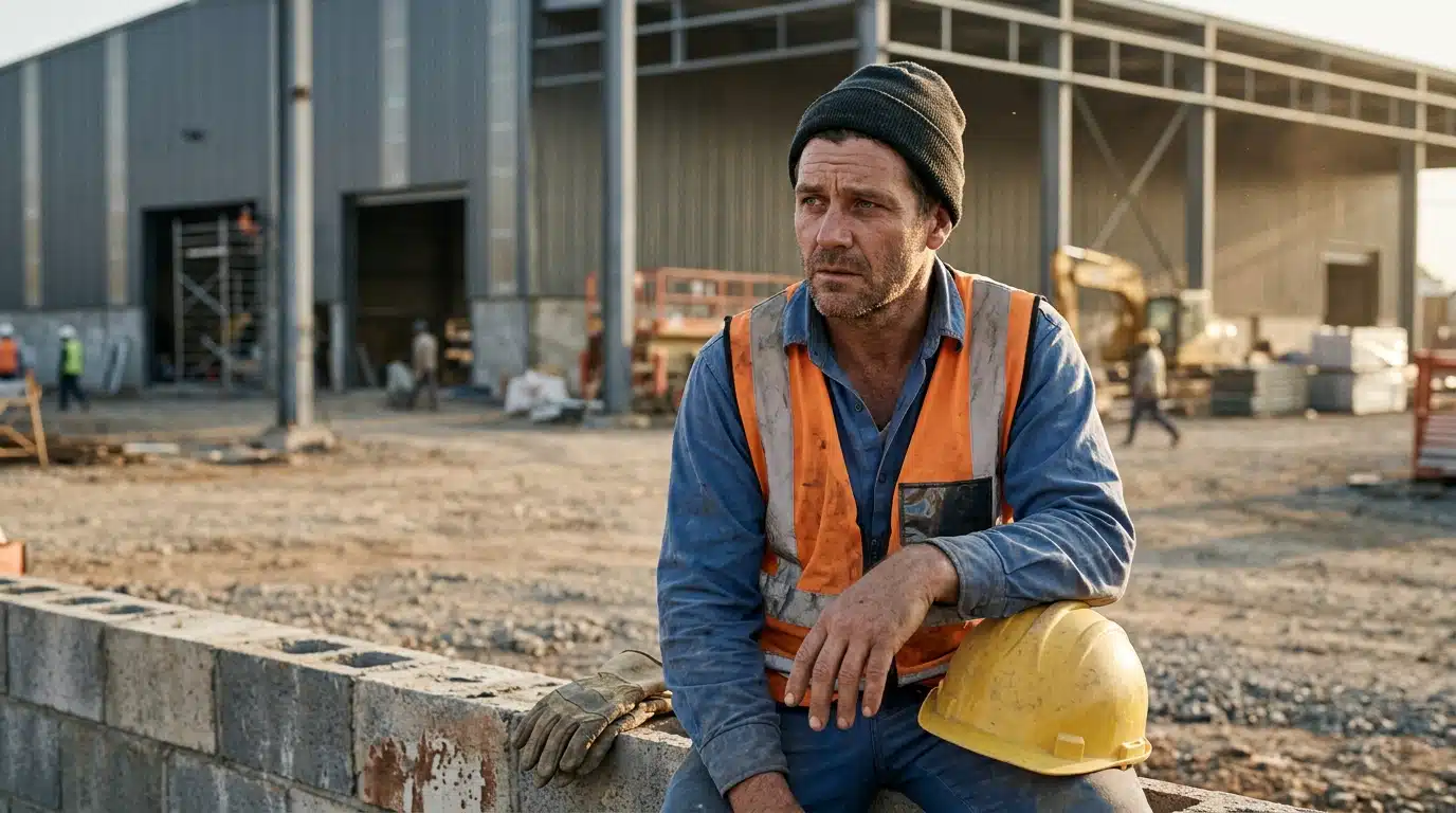 Ouvrier assis fatigué en pause sur un chantier