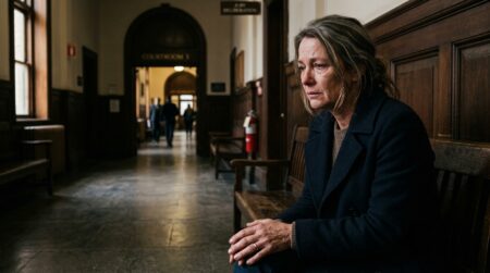Femme assise seule dans un couloir de tribunal