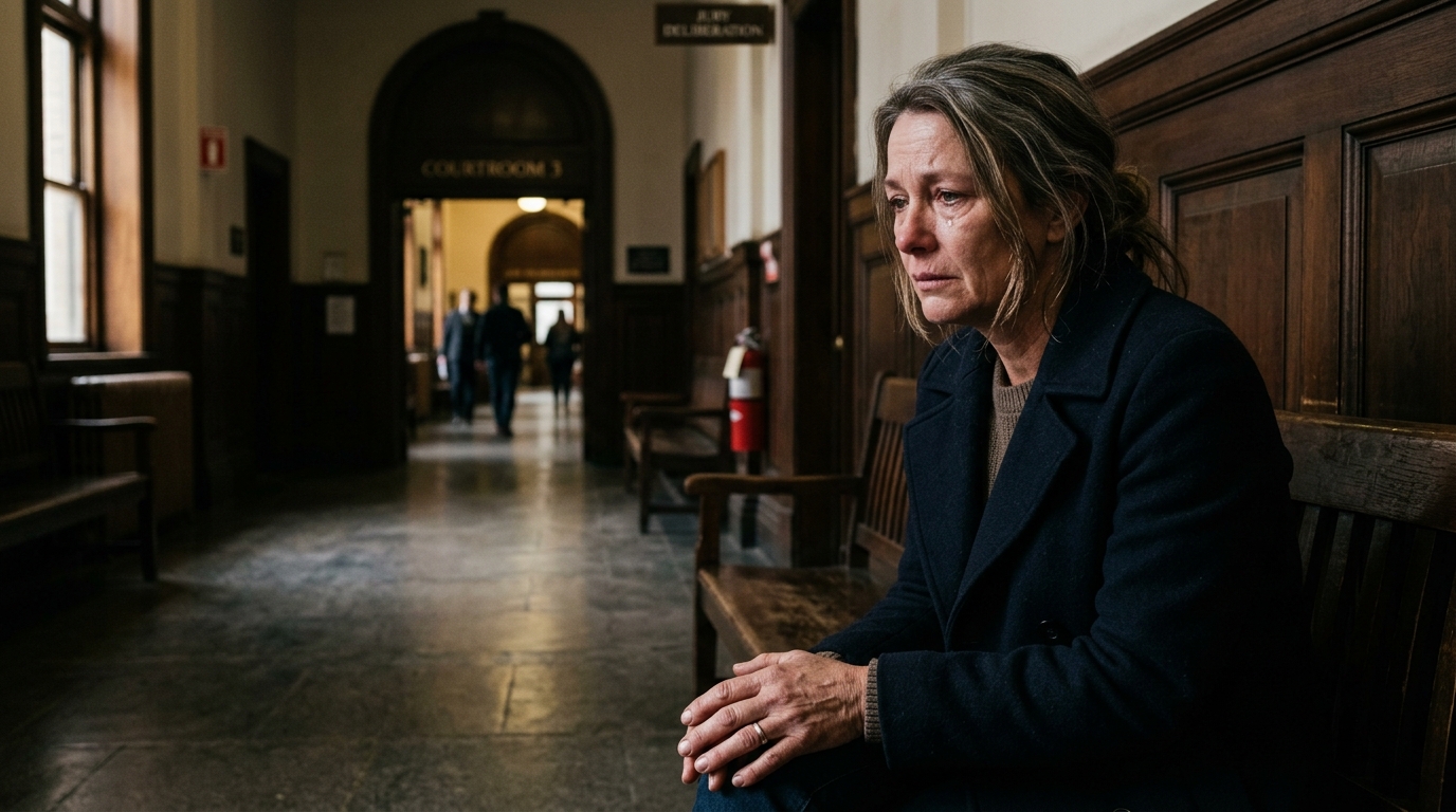 Femme assise seule dans un couloir de tribunal