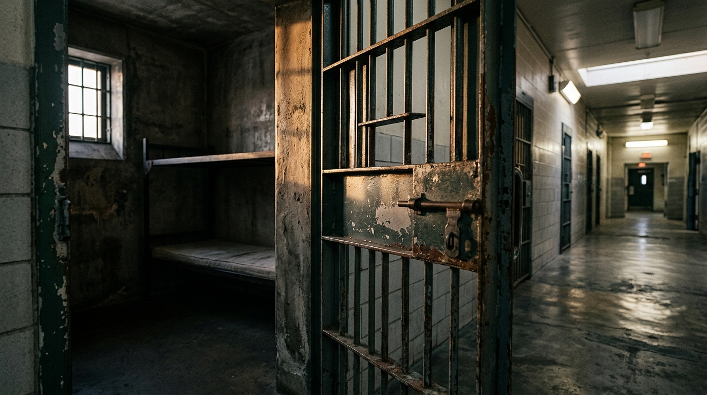Porte de cellule de prison entrouverte dans un couloir