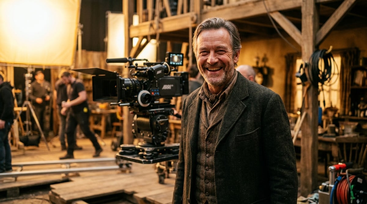 Acteur souriant sur un plateau de cinéma