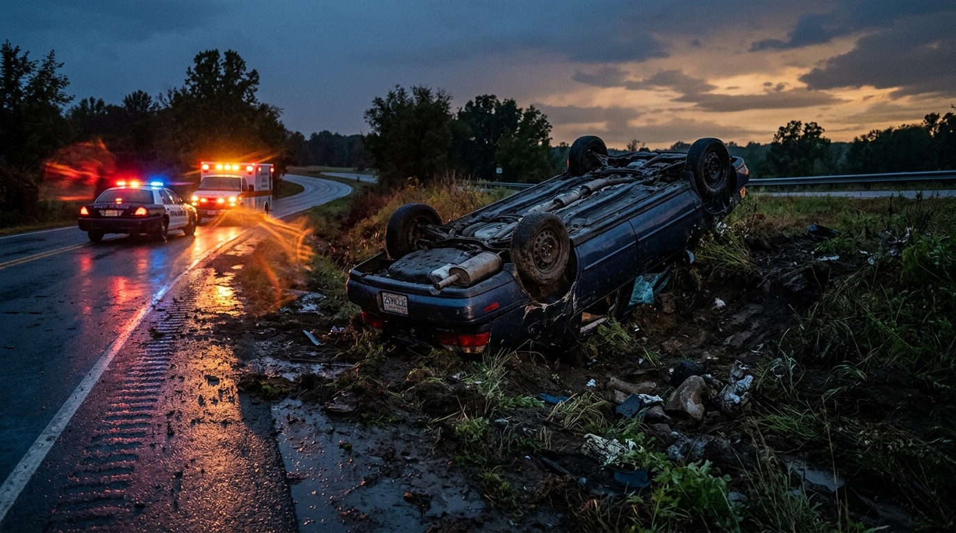 Voiture accidentée dans un fossé au bord de la route au crépuscule