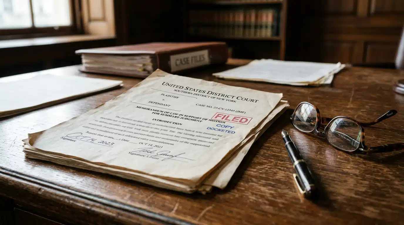 Documents judiciaires officiels posés sur un bureau, illustrant la requête déposée devant la Cour supérieure de Los Angeles
