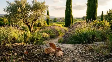 Jardin méditerranéen avec oliviers et lavandes en été