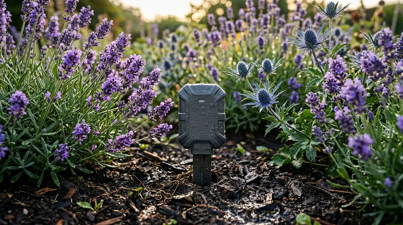 Capteur d'arrosage intelligent planté près de lavandes