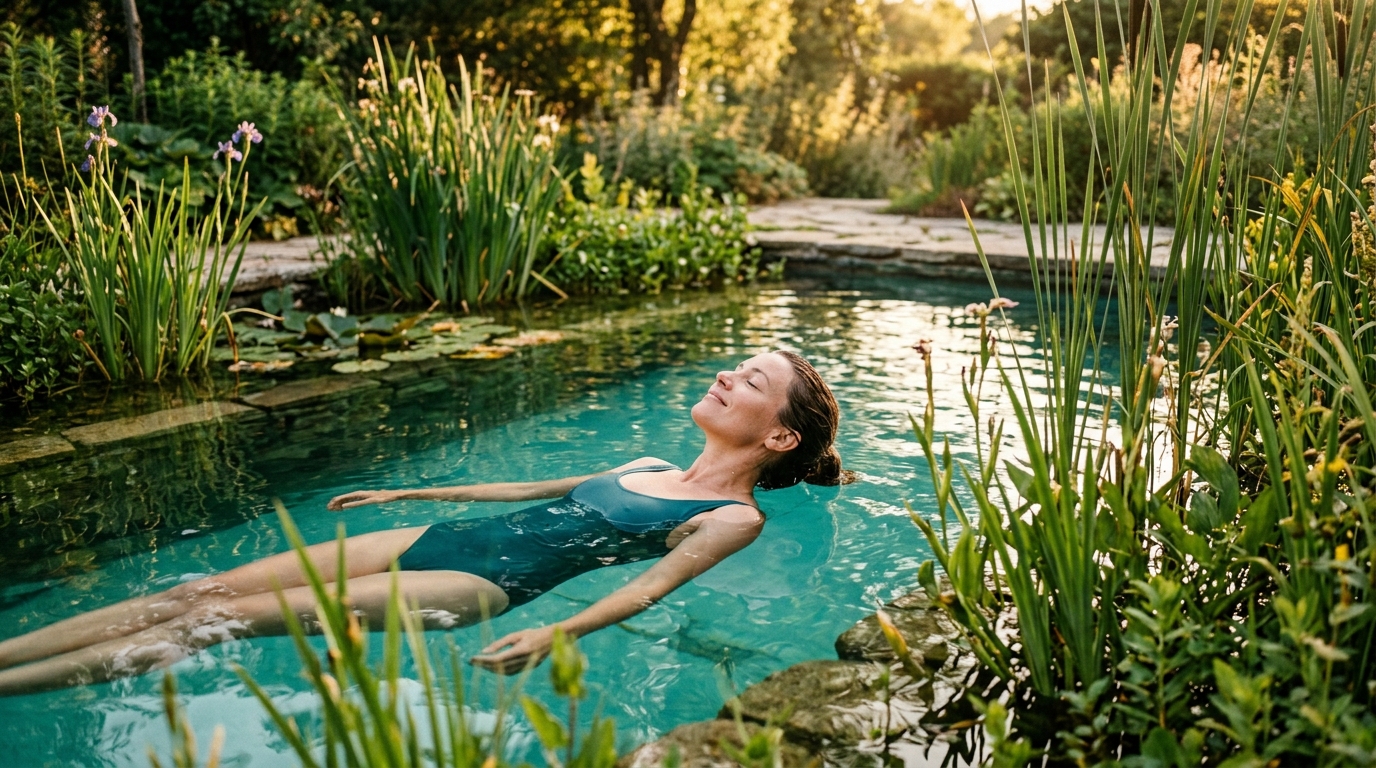 Piscine naturelle entourée de plantes aquatiques filtrantes