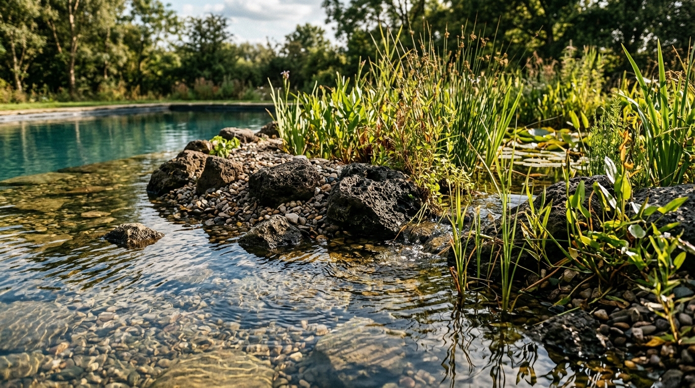 Zone de lagunage avec roches et végétation filtrante