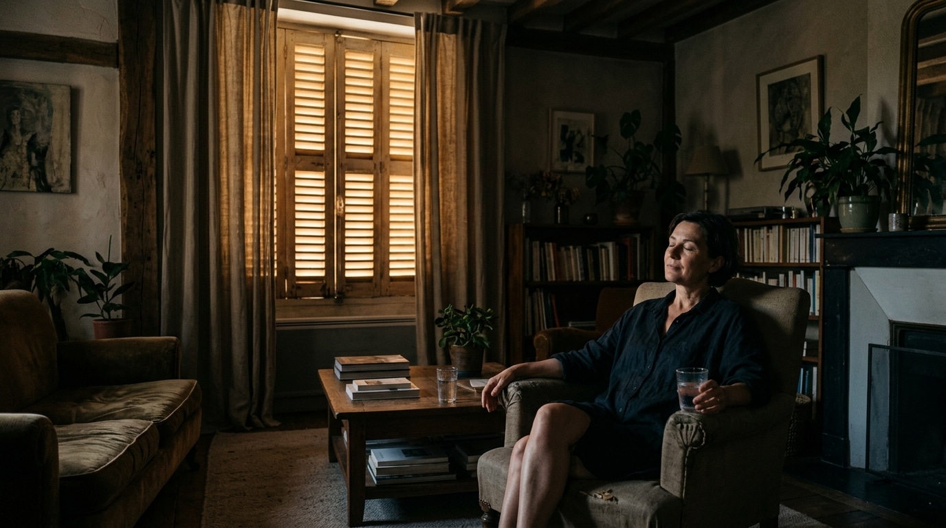 Salon plongé dans la pénombre volets fermés canicule