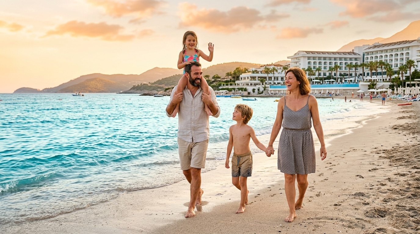 Famille française sur une plage d'Antalya en Turquie