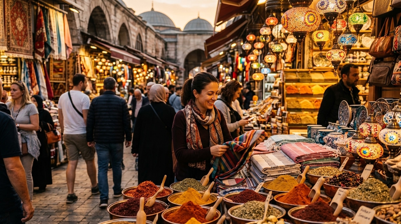 Touriste souriante dans un marché traditionnel d'Istanbul