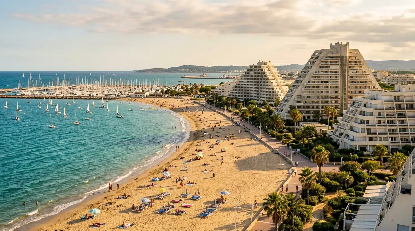 Immeubles pyramidaux emblématiques face à la plage méditerranéenne