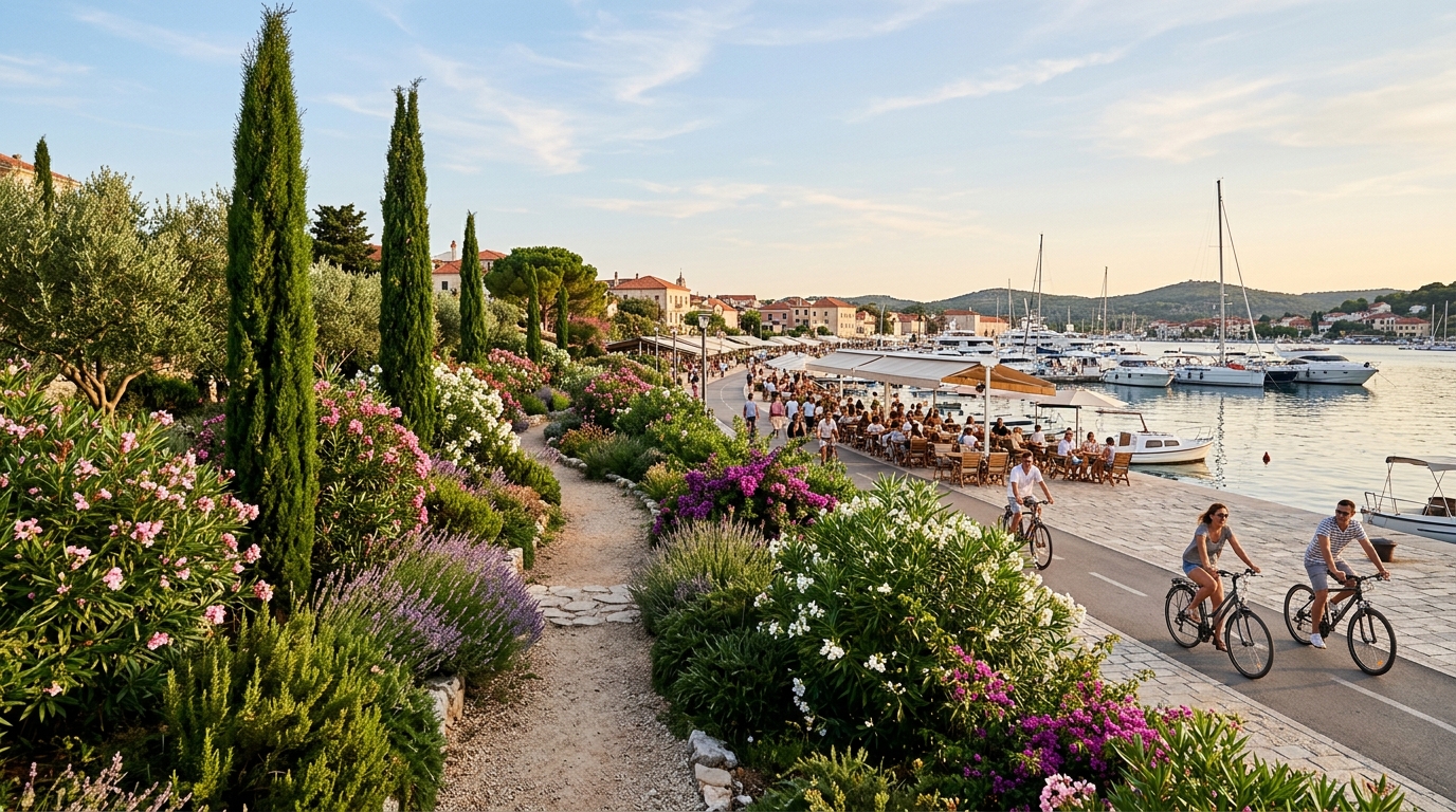 Piste cyclable verdoyante longeant le port de plaisance