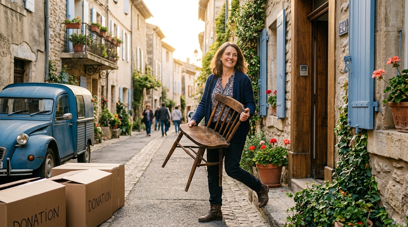 Femme donnant une chaise en bois à un voisin