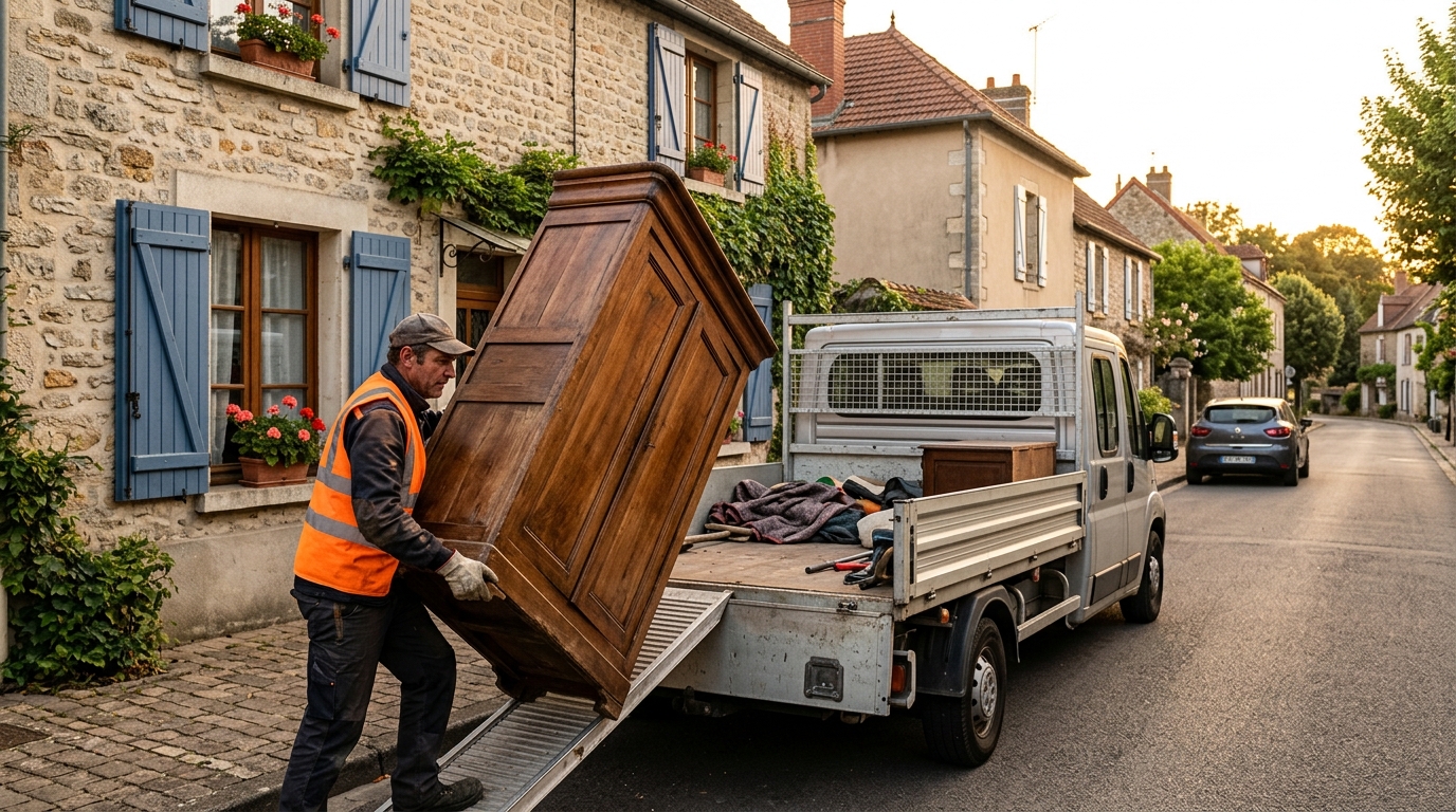 Agent municipal chargeant une armoire lors d'une collecte