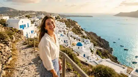 Femme souriante face à un village grec préservé