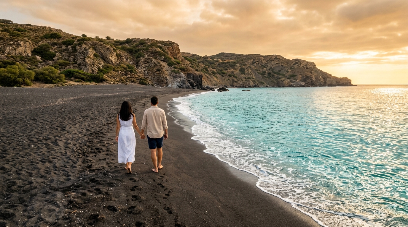 Couple marchant sur une plage grecque déserte