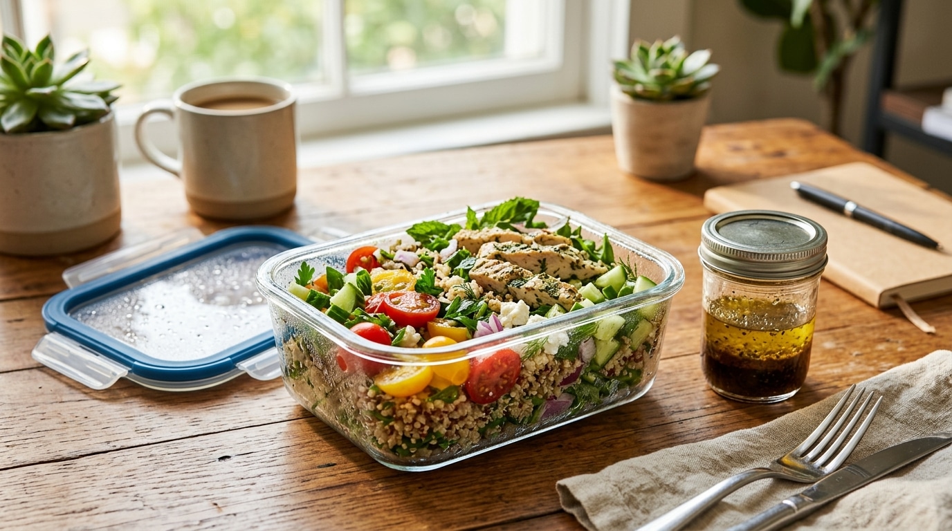 Lunch box de salade fraîche avec pot de vinaigrette séparé