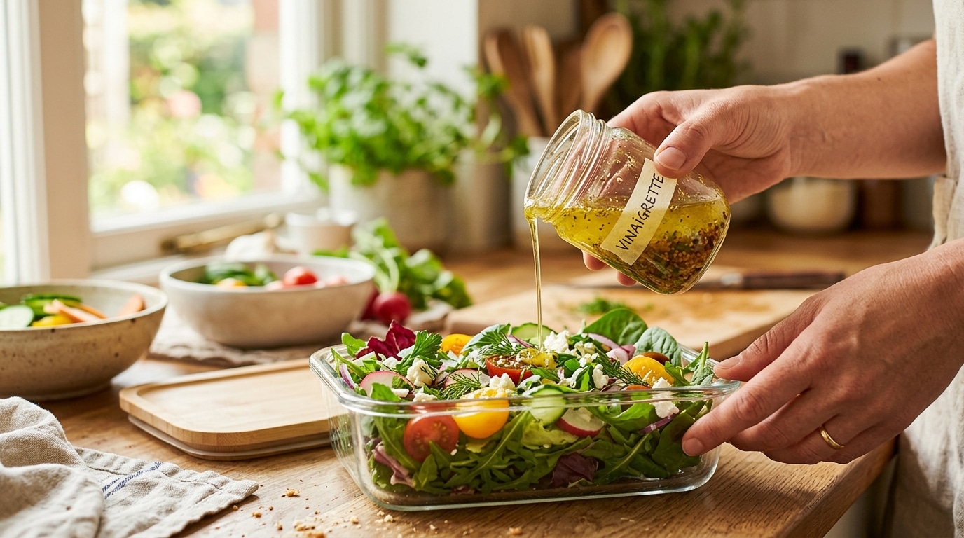 Main versant une vinaigrette sur une salade d'été