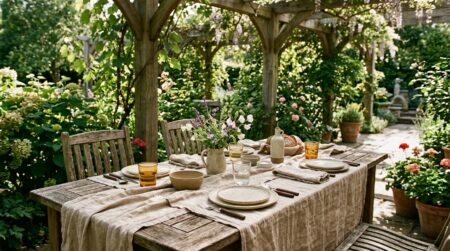 Chemin de table en lin froissé sur table de jardin en teck