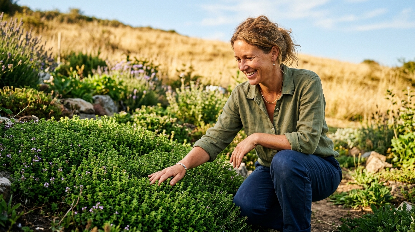 Femme souriante entretenant un couvre-sol vert en été