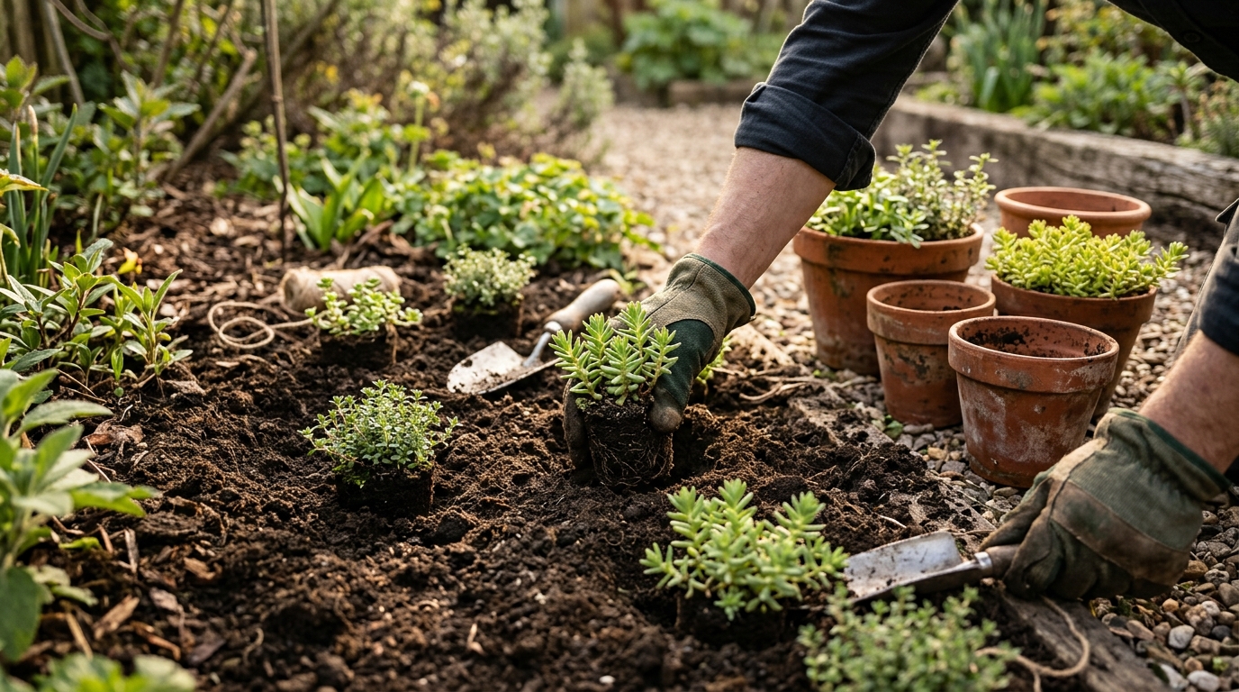 Plantation de sedum et thym couvre-sol dans un jardin