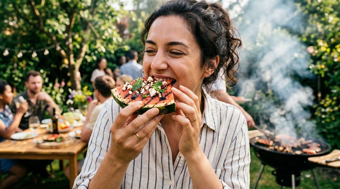 Personne dégustant une part de pastèque grillée au barbecue