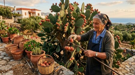 Femme âgée récoltant des figues de Barbarie au jardin