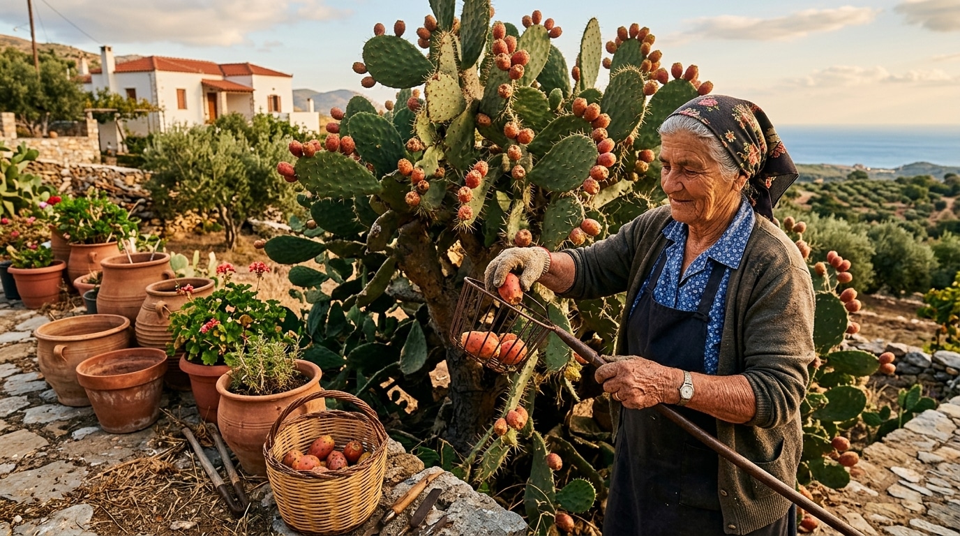 Femme âgée récoltant des figues de Barbarie au jardin