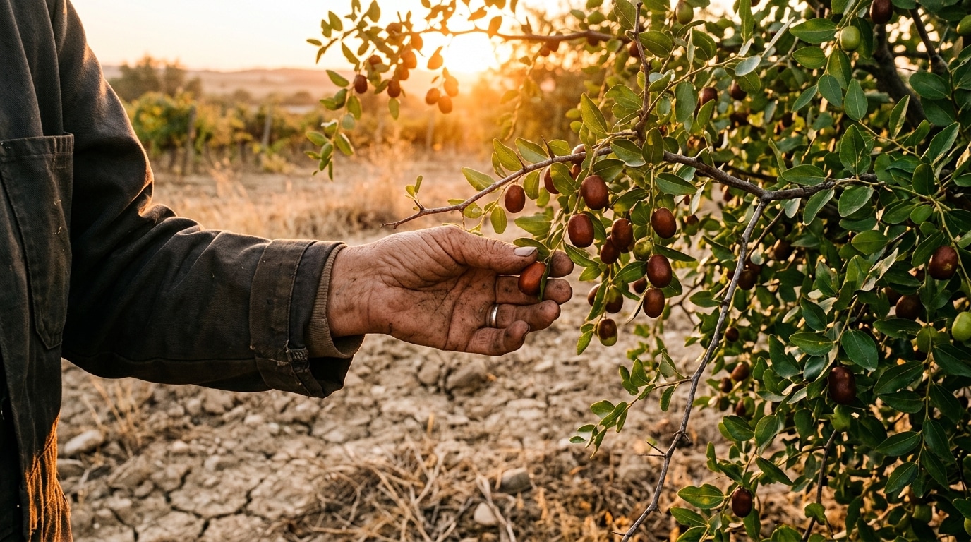 Mains cueillant des jujubes sur un arbre résistant à la sécheresse