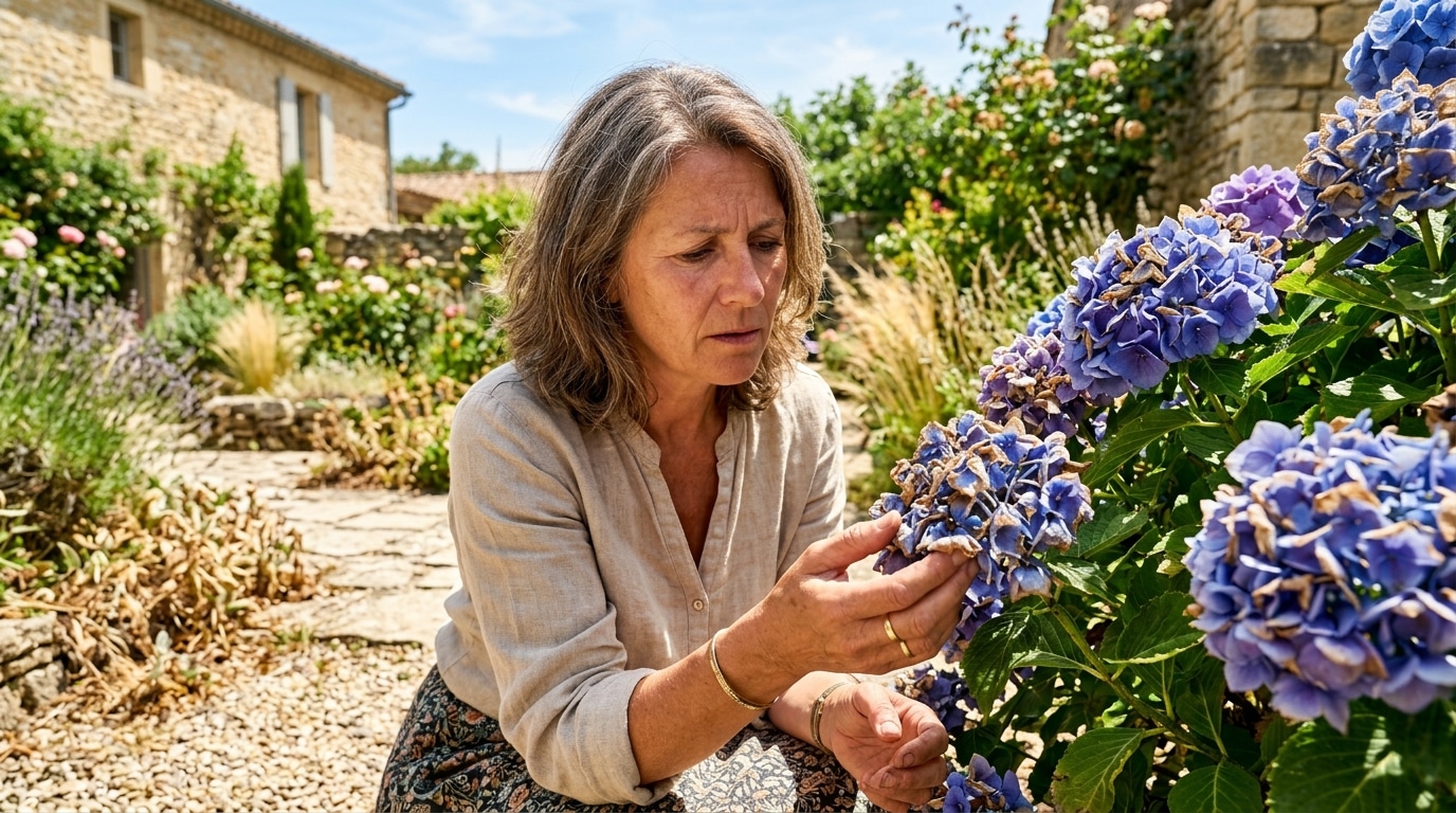 Femme inquiète devant des hortensias flétris en canicule