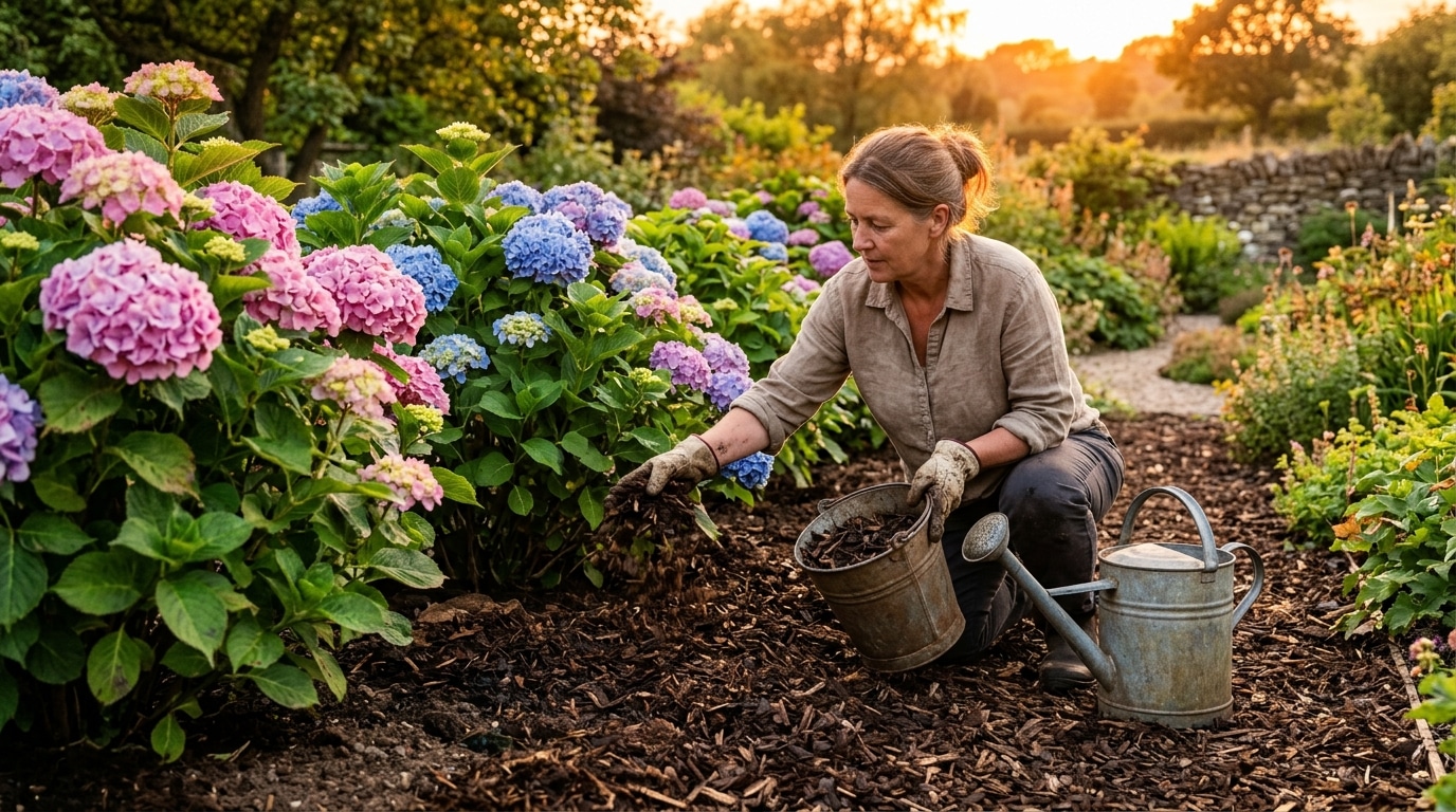 Jardinier étalant du paillage autour d'hortensias au coucher du soleil