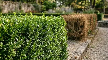 Haie de houx Ilex crenata taillée à côté d'un buis mort