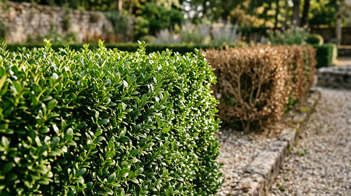 Haie de houx Ilex crenata taillée à côté d'un buis mort