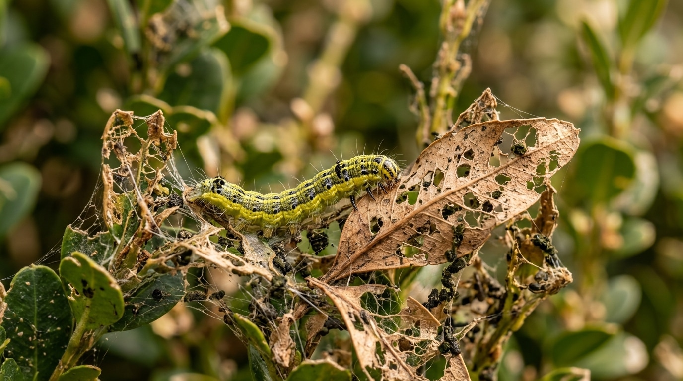 Chenille de pyrale sur feuille de buis rongée