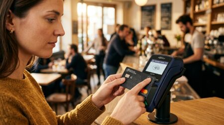 Femme utilisant une carte bancaire à empreinte digitale